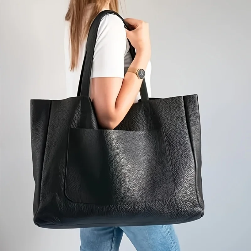 

Women's Large Tote Bag - High-End Tote Bag with Fixed Shoulder Strap, Open Top Design, Spacious Minimalist Black Purse, Suitable
