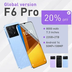 F6 Pro-teléfono inteligente con reconocimiento facial, smartphone con pantalla de 7,3 pulgadas, 22GB de RAM, 2048GB de ROM, 108MP + 50MP, 8000mAh, Android 14, 8 Gen3 Snapdragon, SIM Dual