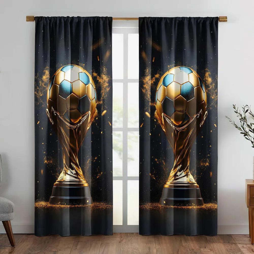 2pcs Golden Soccer Trophy Print Curtains Sports Champion Theme Polyester Window Drapes for Kids Room Boys Bedroom Energetic