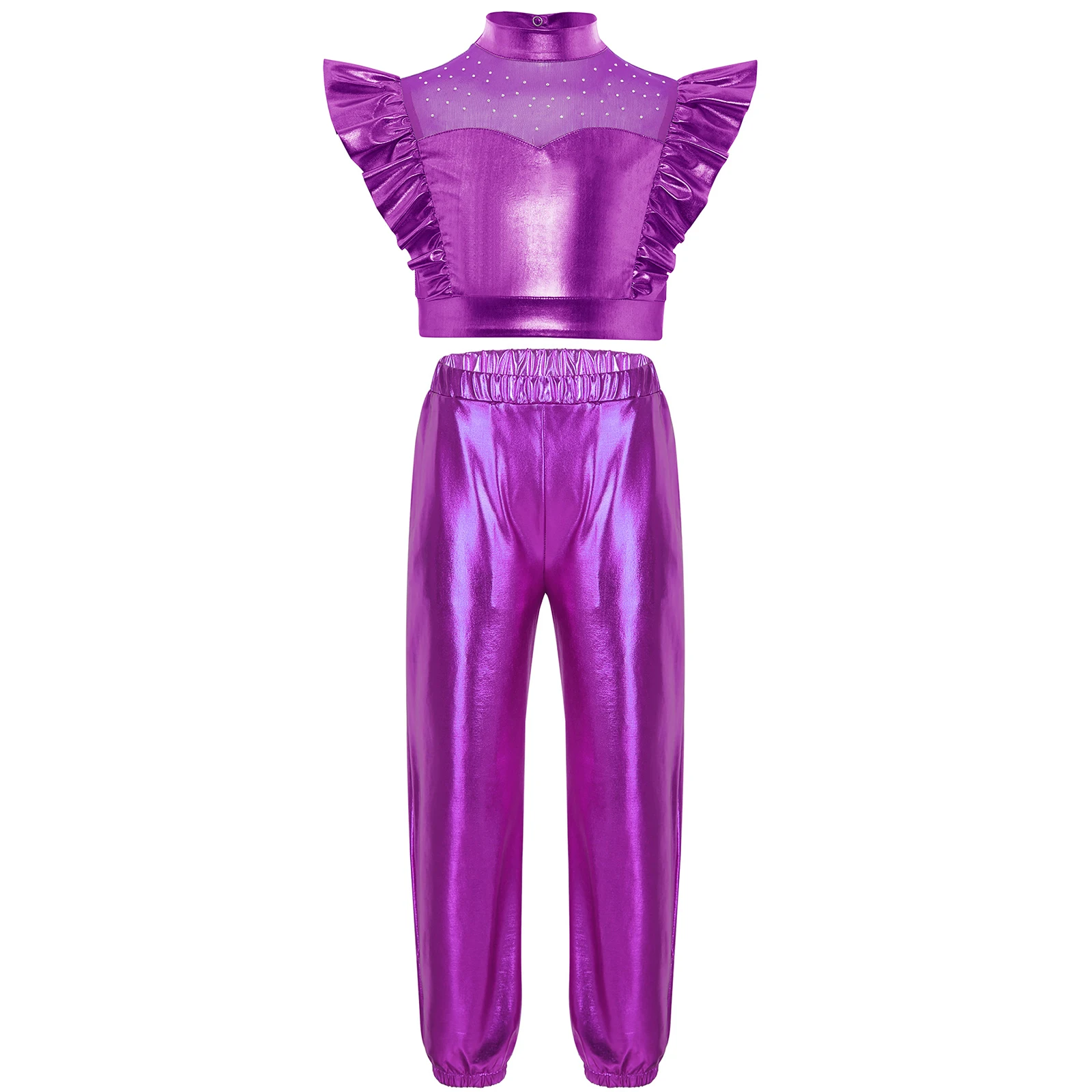 

Girls Jazz Dance Outfit Mock Neck Rhinestone Mesh Patchwork Sleeveless Metallic Ruffle Crop Top with Shiny Pants Jazz Dancewear
