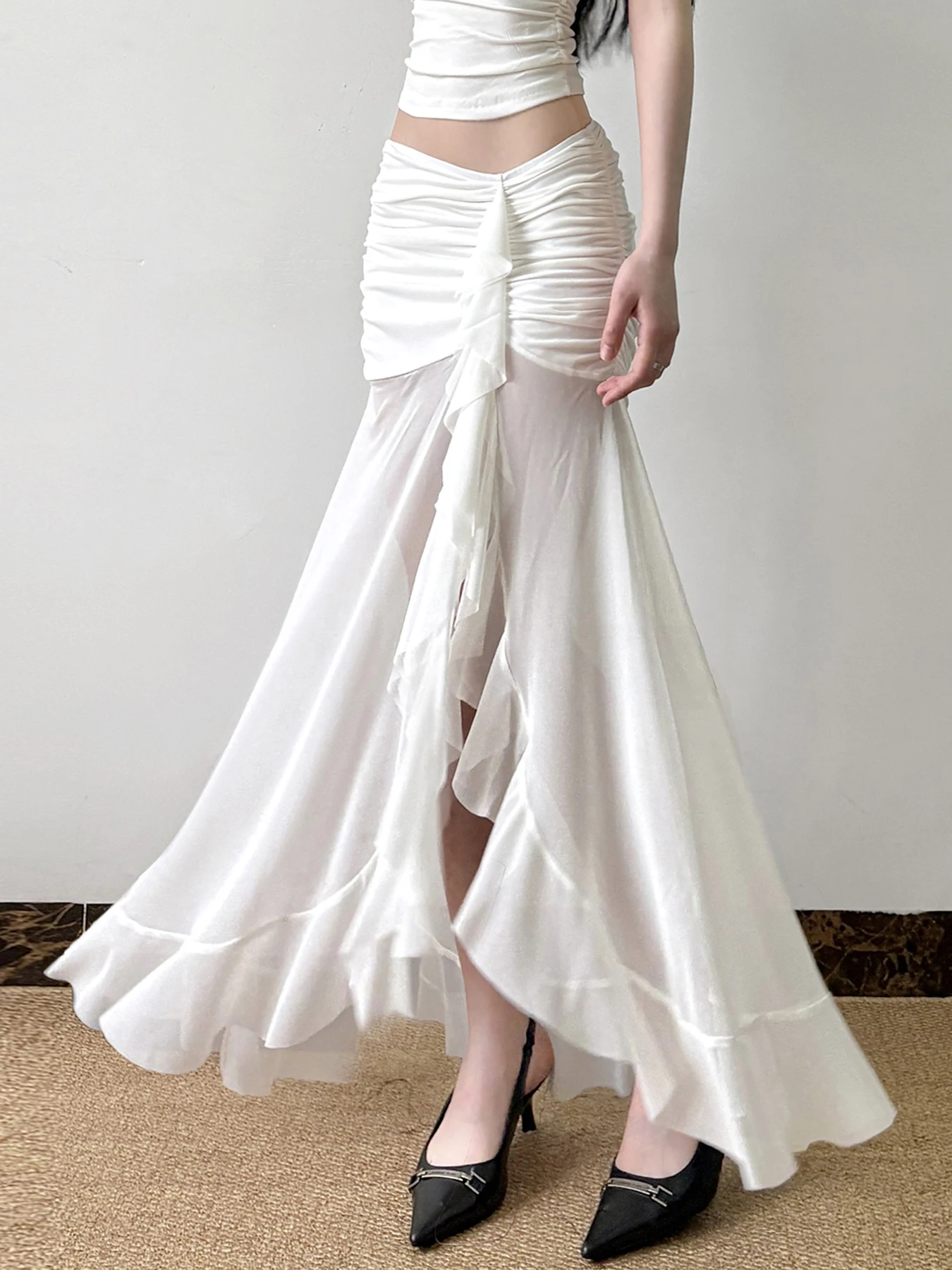 Rockmore Vacation Mesh See Through Long Skirts Sexy Summer Ruffle Split Pleated Wrap Skirt Elegant Fashion Women's Clothing 2025