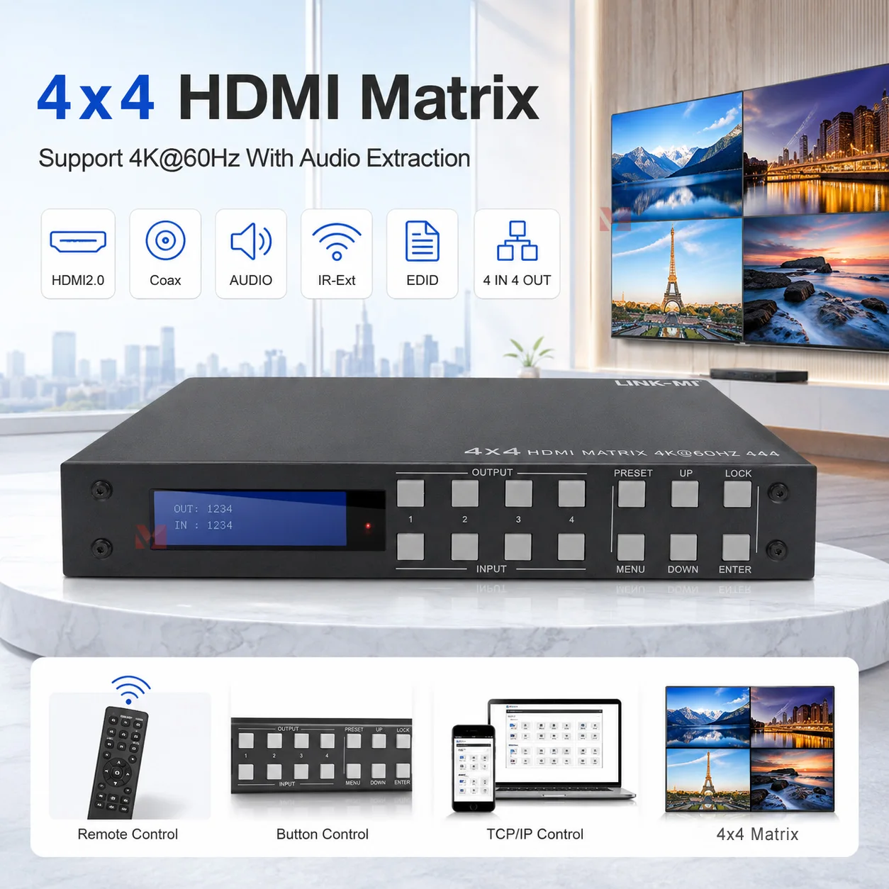 

4x4 HDMI Matrix Switcher 4K@60Hz YUV4:4:4 18Gbps Support HDR HDCP 2.2 for Video Switchers Electronics