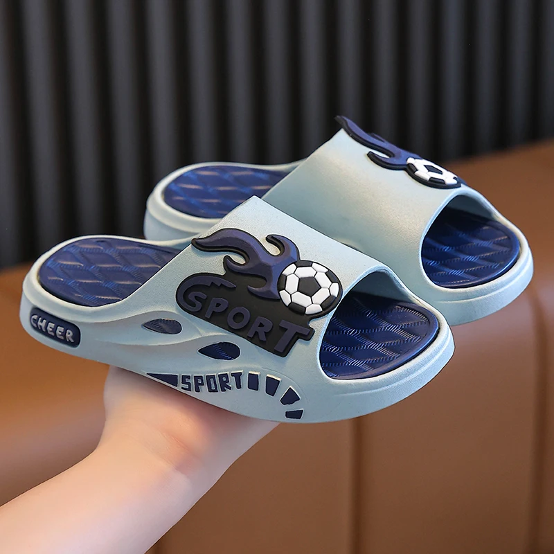 

New Summer Cartoon Football Children Slippers Outdoors Sandals For Aged 4-8 Boys Non-slip Seabeach Flip Flops Home Kids Shoes
