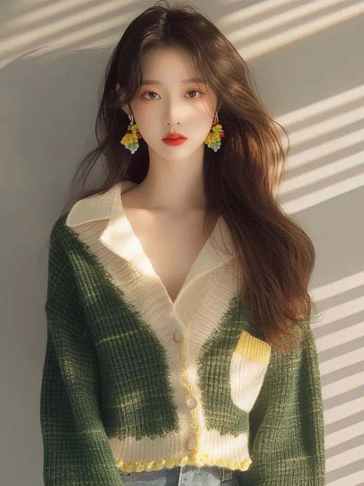 

Женский модный зеленый свитер с отложным воротником и пуговицами, корейский стиль, осенние новые нежные кардиганы, топы