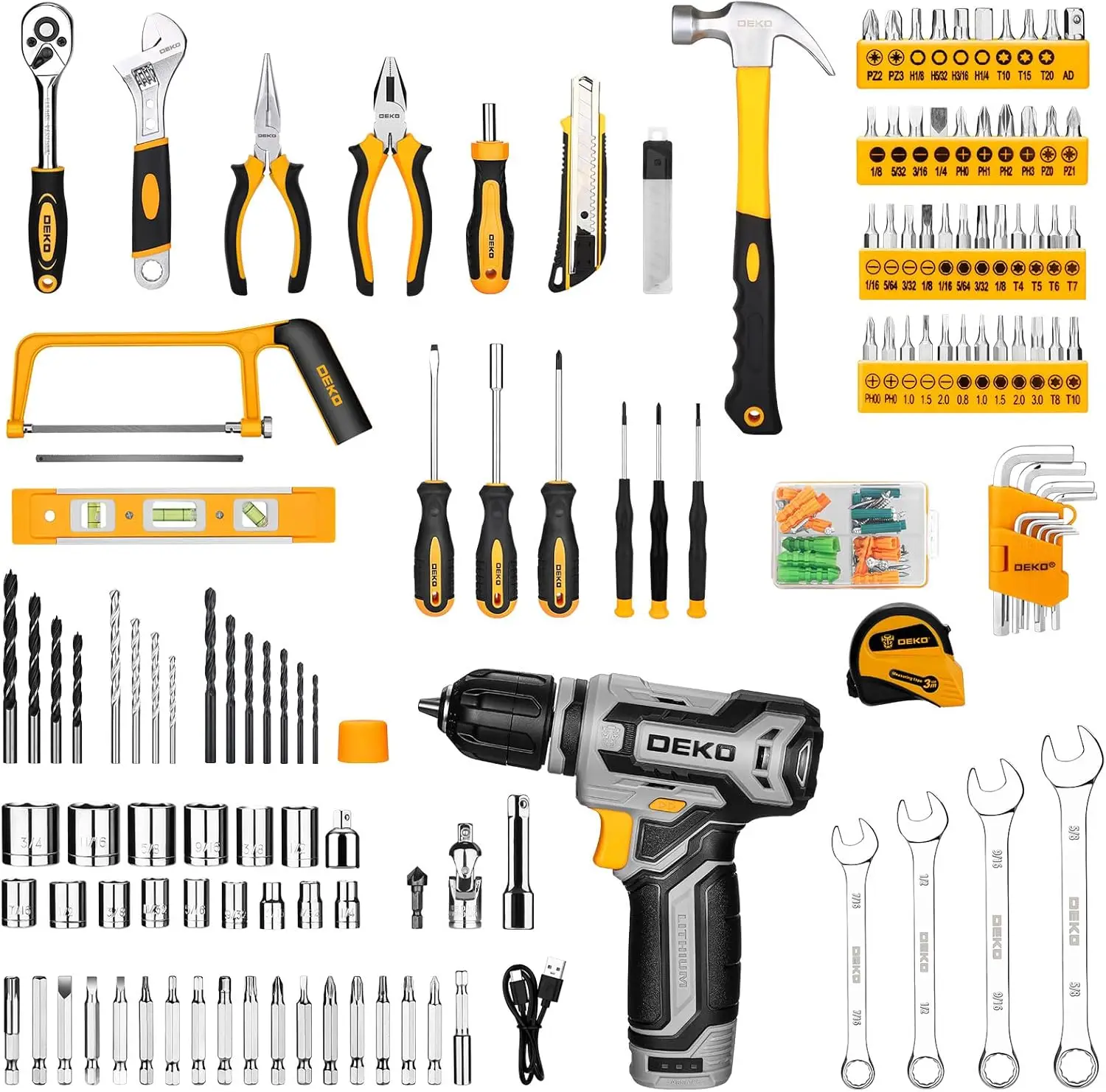 Tool Kit Box Drill Set：Dekopro Home Mechanic Toolbox With 12V Power Cordless Drill Hand Repair Tools Sets Combo Kits Storage