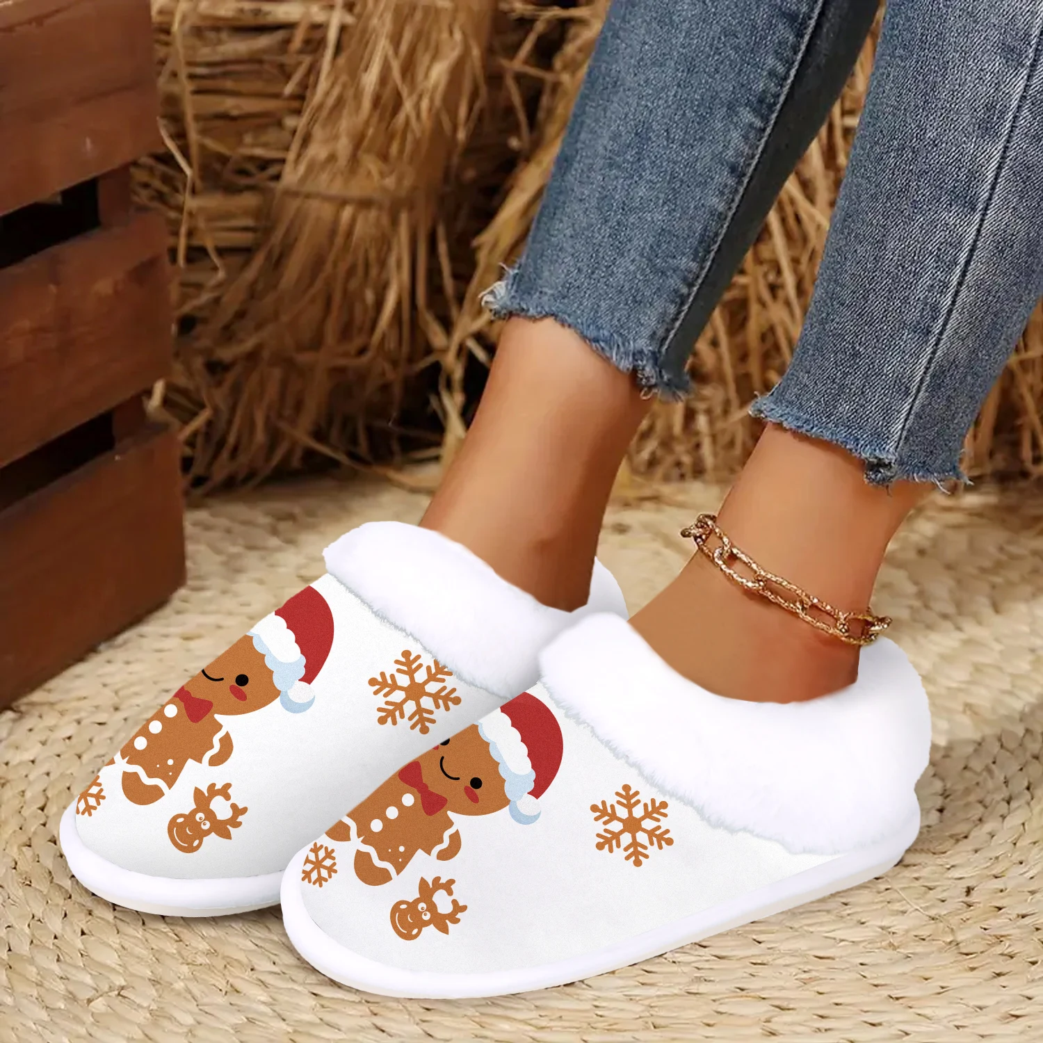 Christmas Gingerbread Man Slippers, Casual Style, Soft, Comfy Fuzzy Flannel House Shoes, Rubber Non-Slip Sole, Machine Washable - Image 4