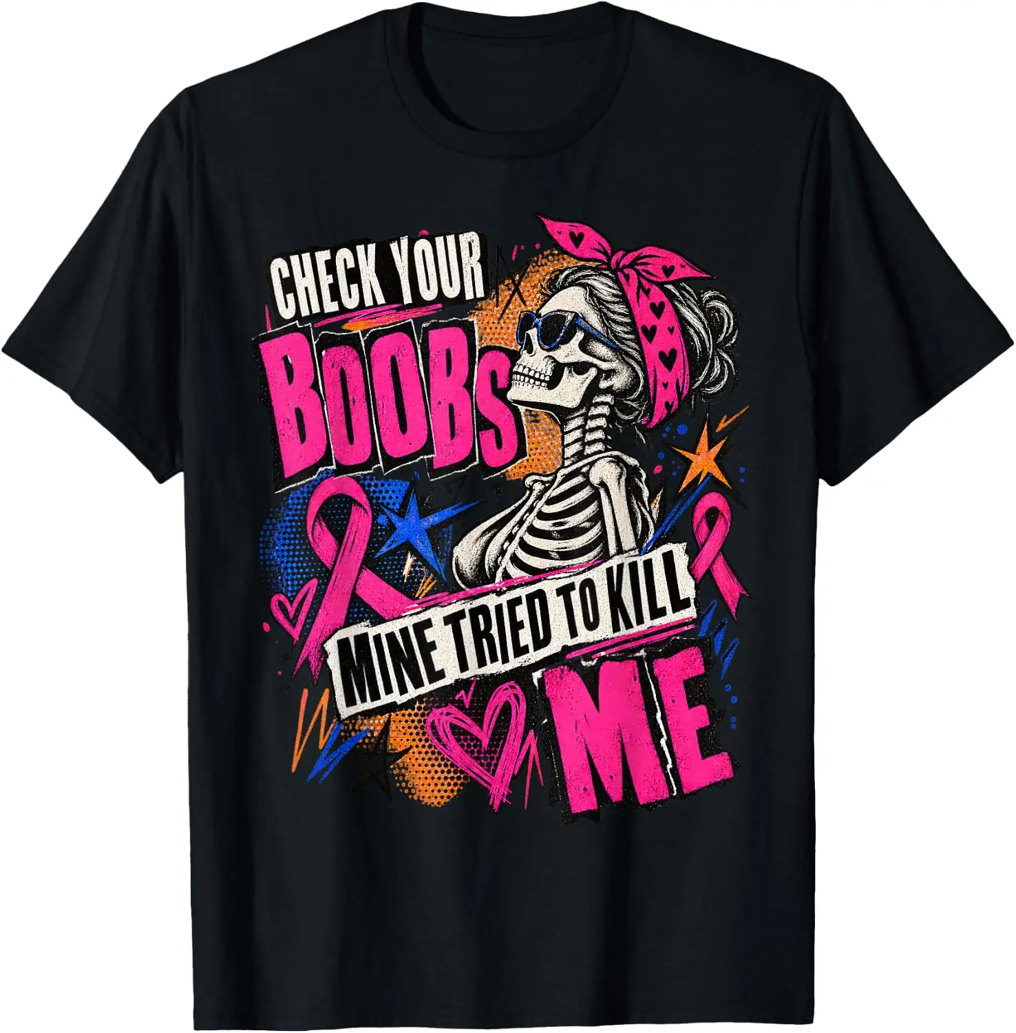 Check Your Boobs Mine Tried To Kill Me Cancer Survivor T-Shirt Breathable, heavyweight pure cotton short-sleeve top—stylish, plus-size, and suitable for year-round wear with a sporty, casual vibe