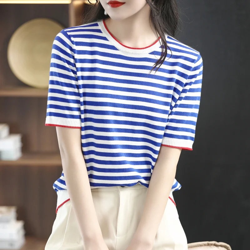 Summer New Round Neck Blue and White Stripe Knitted Short sleeved T-shirt Women's Loose Casual Top Sea Soul Shirt