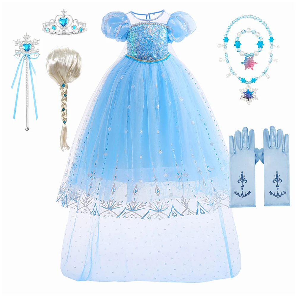 Elsa Girls Dress Cosplay Costume Princess Dresses Blue Snow Queen Wedding Luxurious With Cloak Carnival Gown Dresses Up