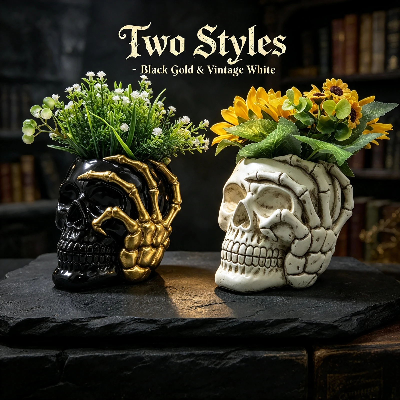 Resin Skull Flower Pot Artificial, Plant Holder Gothic Skeleton Planter, Hand Vase Home Garden Halloween, Decoration Party Gift