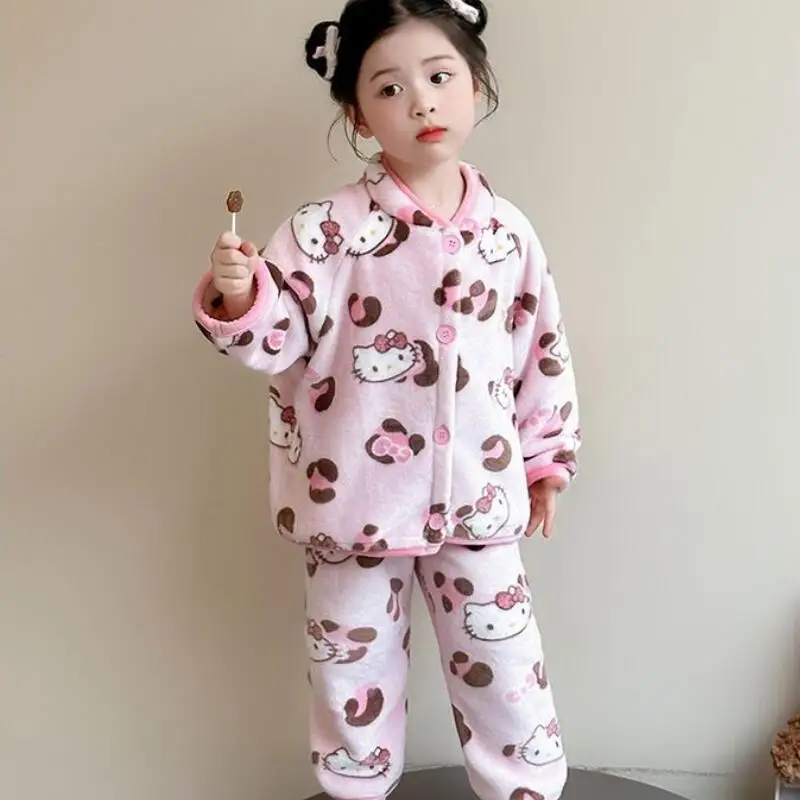 

Hello Kitty Girl Flannel Pajamas Sets Sanrio Kids Cartoon Kawaii Soft Leisure Wear Spring Autumn Home Clothes Girl's Gift New