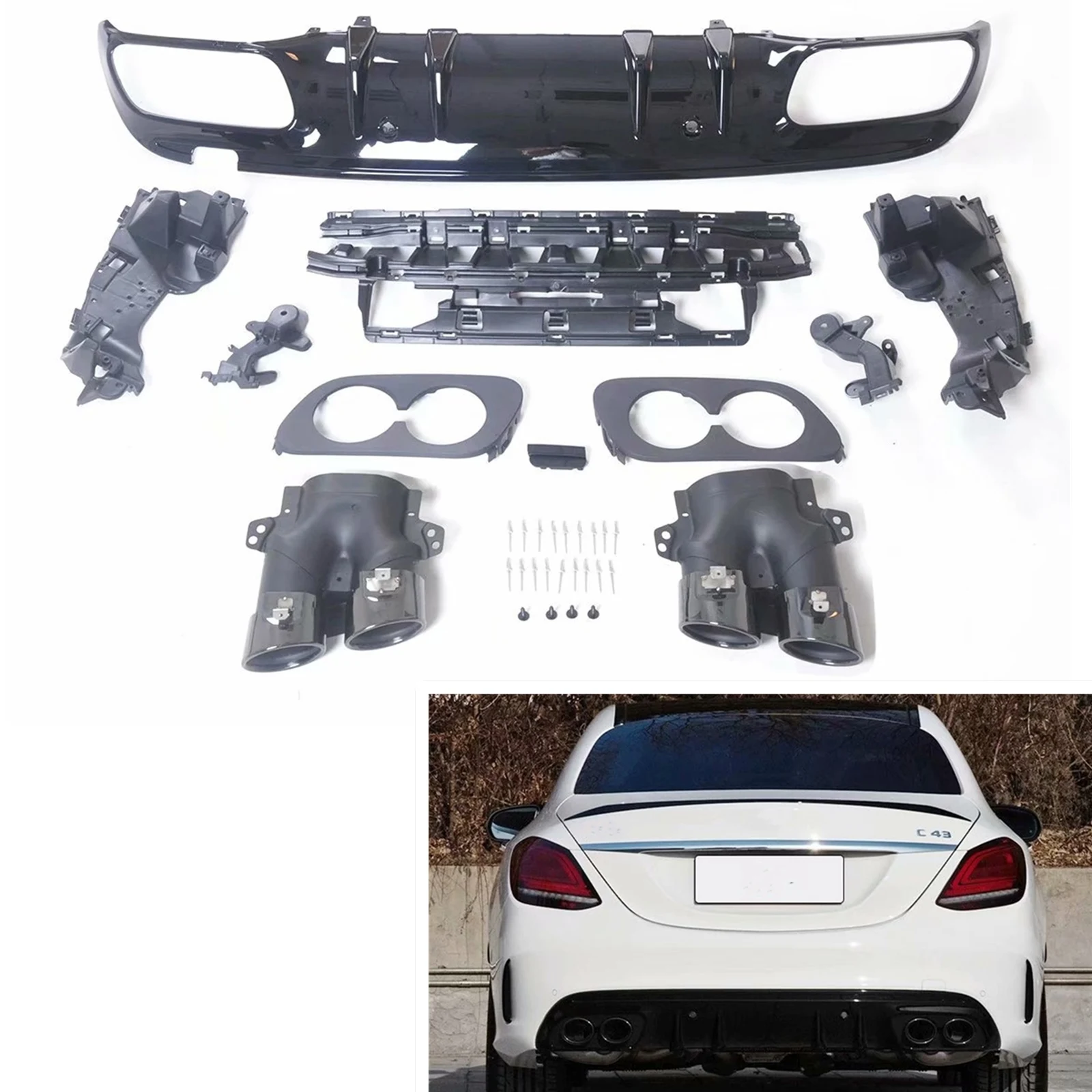 C43 Style Black Rear Diffuser Lip+Muffler Exhaust Tips For Mercedes Benz C Class W205 AMG Bumper 2015-2020 Sport 4 Door Sedan