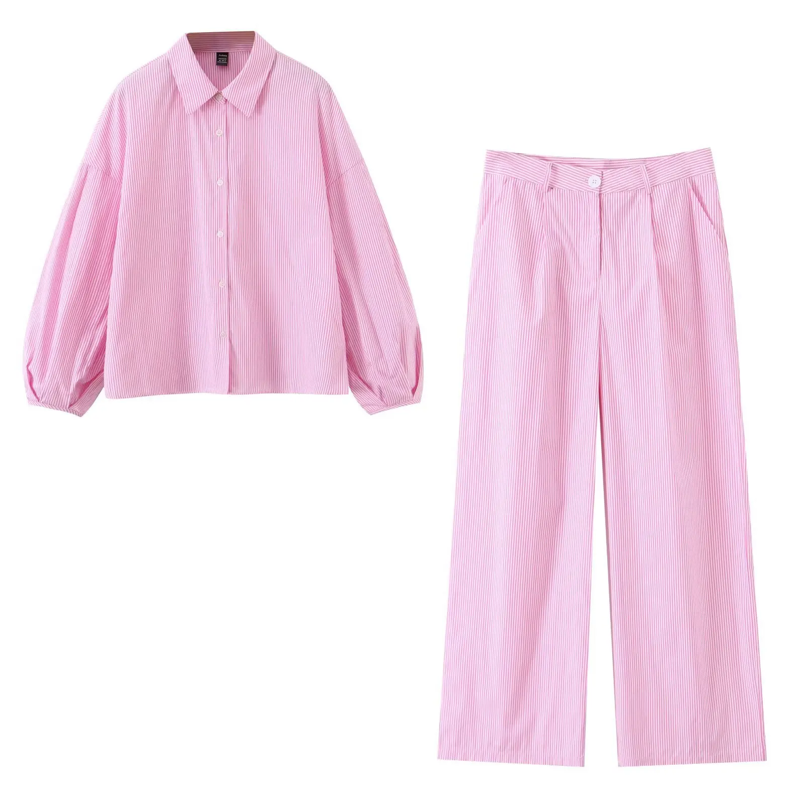 Casual Striped Shirt Lantern Sleeve Turn-down Collar Pink Checkered Long Pants Set Women's Fashionable Cross-border Outfit