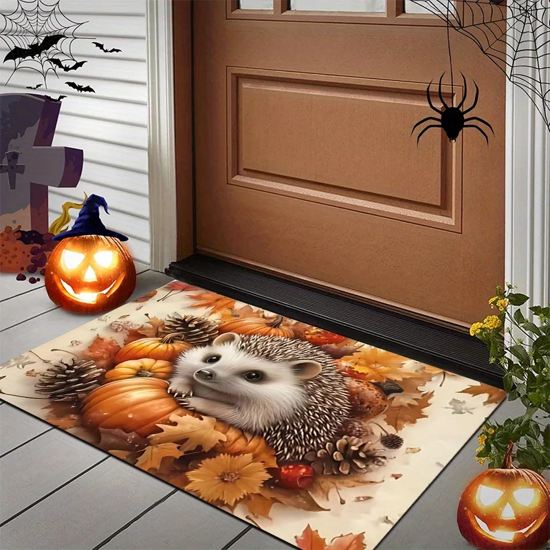 A Golden Autumn Hedgehog-Themed Doormat for Halloween, Made of Flannel And Thick Plush Material with a Sponge Thickness of 0.4 Inches And a Weight of 1.28 LB