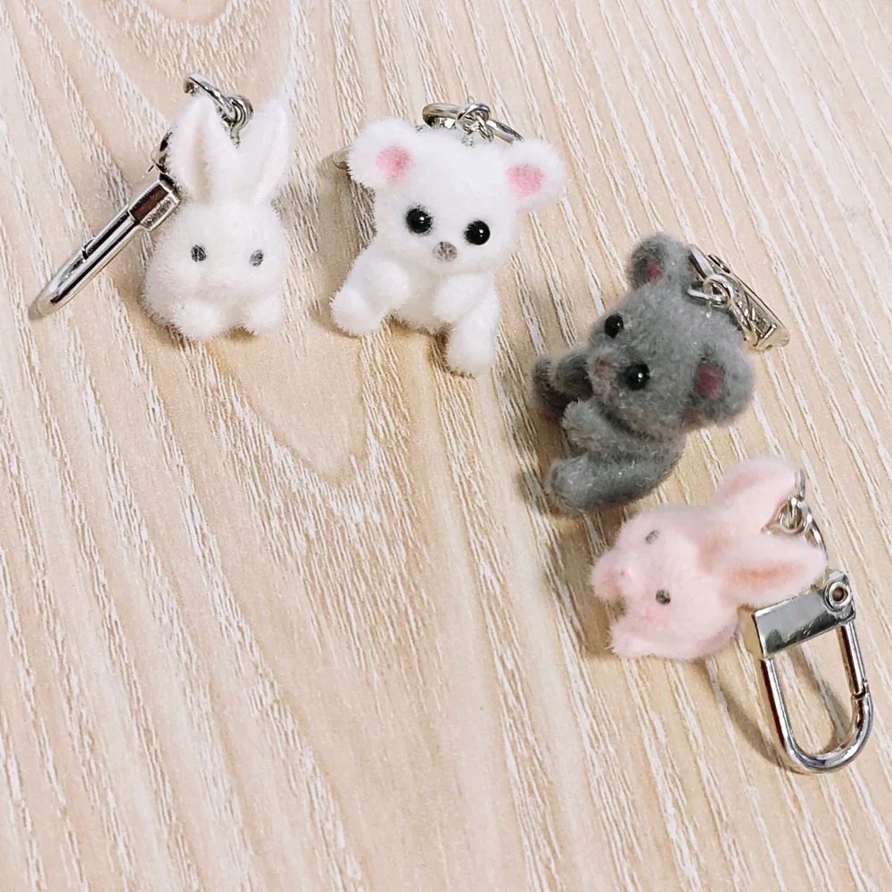 Cute Flocking Bear Rabbit Keychain 3D Animal Earphone Camera Phone Chain Couple Bag Pendant Key Ring for Men Women Jewelry Gift