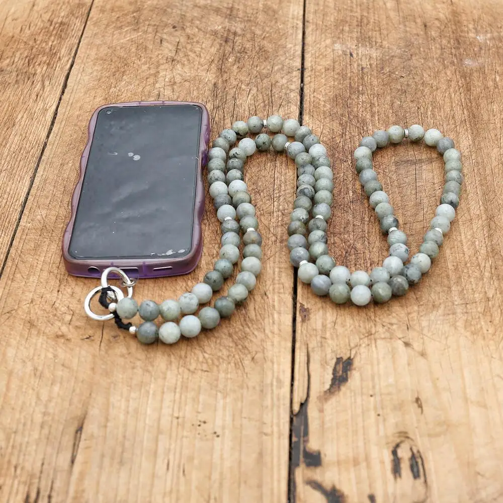 120CM Handmade Natural Stone Labradorite Beads Chain Phone Hanging Cord Phone Lanyards Mobile Phone Strap Accessories