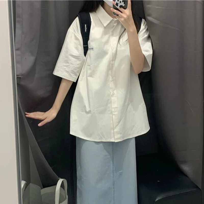 GIDYQ Korean Women White Shirt Elegant Casual Female Loose Short Sleeve Tops College Style All Match Student Button Shirt New