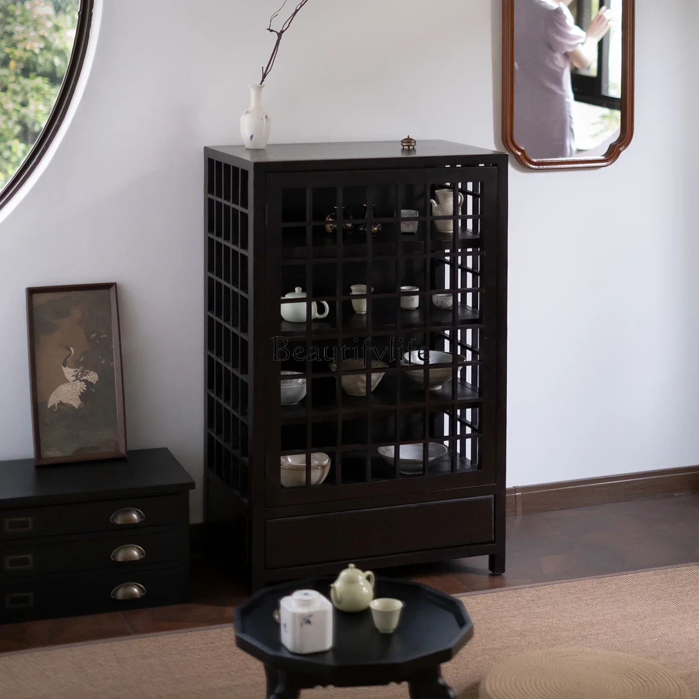 

02 Vintage Style Solid Wood Sideboard Multi-layer Household Small Ceramic Zisha Teapot Wall-mounted Storage