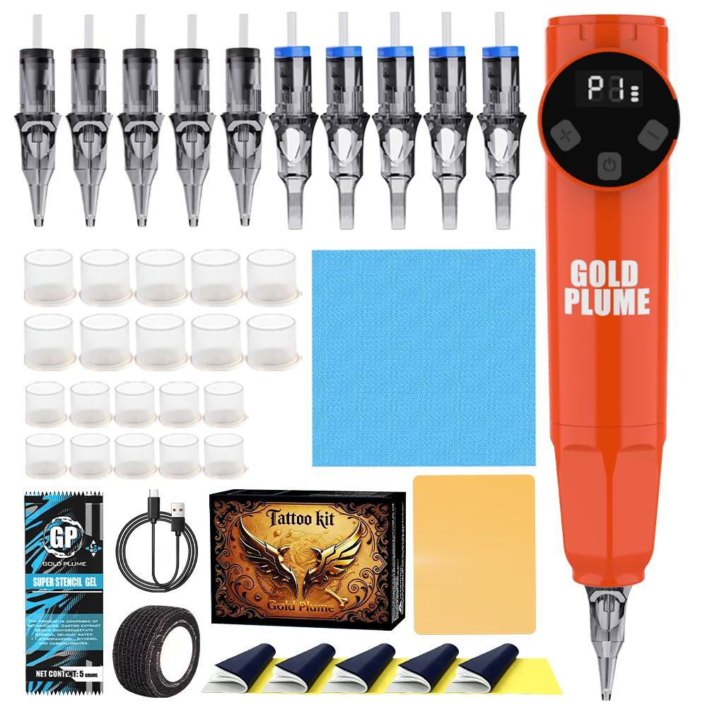 GoldPlume Wireless Tattoo Pen Kit Red, LCD Display, 10 Cartridge Needles, Stencil Gel, Ink Cups & USB Cable for Beginners
