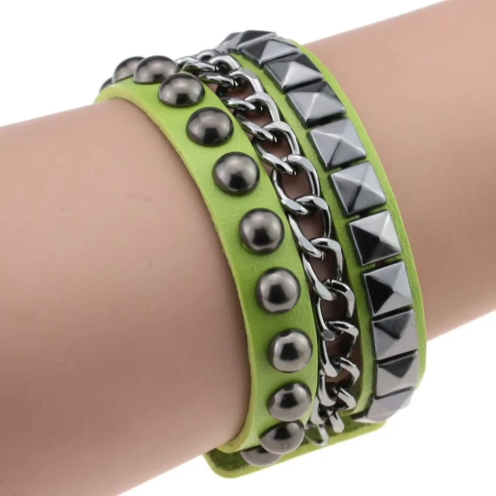 Punk Gothic Personality Non-mainstream Geometric rivets Metal chain Multicolored Leather  Bracelet Simple Fashion Super cool
