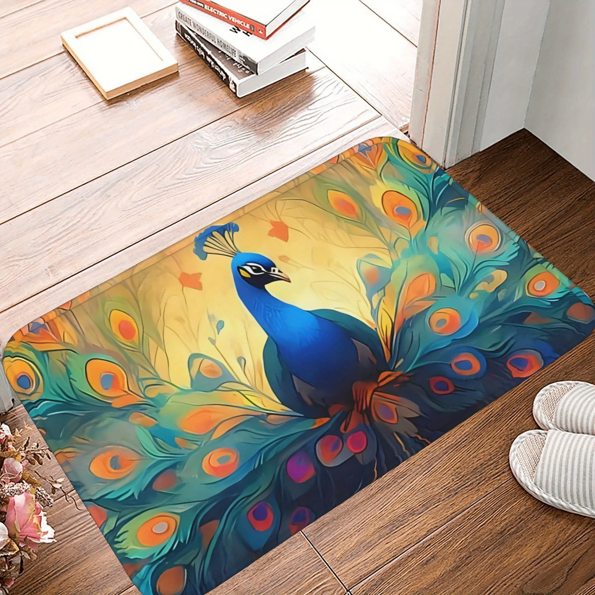 

1PC Peacock Feather Kitchen Rug Non-Slip Door Mat Pop design Bathroom Rug Bath Mat Carpet for Home Sink Laundry ecoreeree