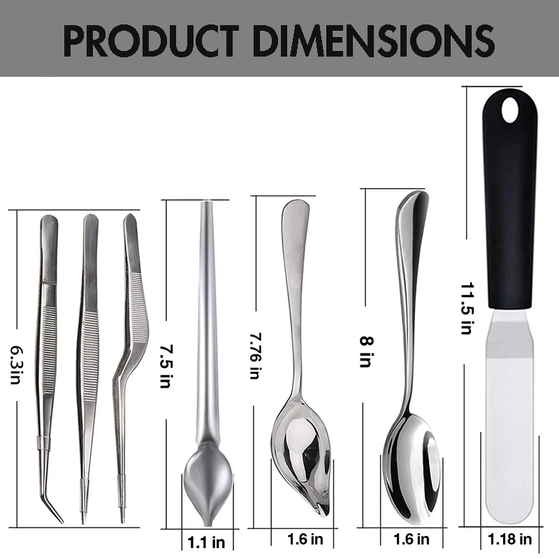 7Pcs Stainless Steel Kitchen Cooking Tweezers Precision Tongs Drawing Spoons Spatula for Food Culinary Plating Decorating