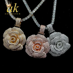 Aokaishen Pendant Rose Flower Necklace for Men Hip Hop Charms Cubic Zircon Fashion Jewery Gold Color