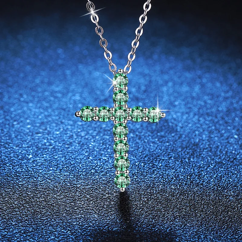 

Hip Hop Full Diamond Colored Moissanite Pendant Platinum PT950 18K Gold Necklace, Women's Classic Cross Moissanite Necklace