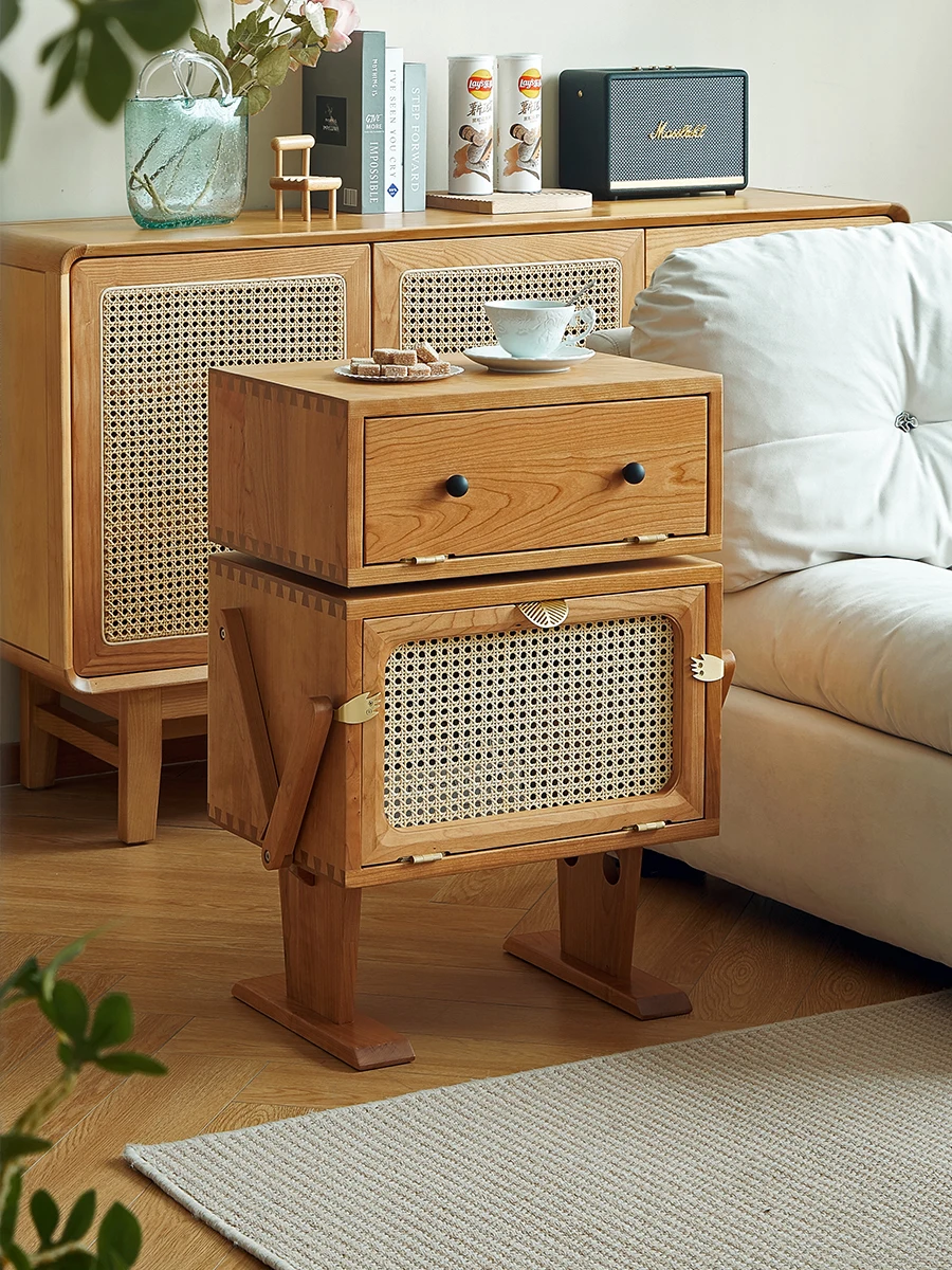 Sofa side cabinet side cabinet solid wood rattan robot storage storage bedside cabinet simple