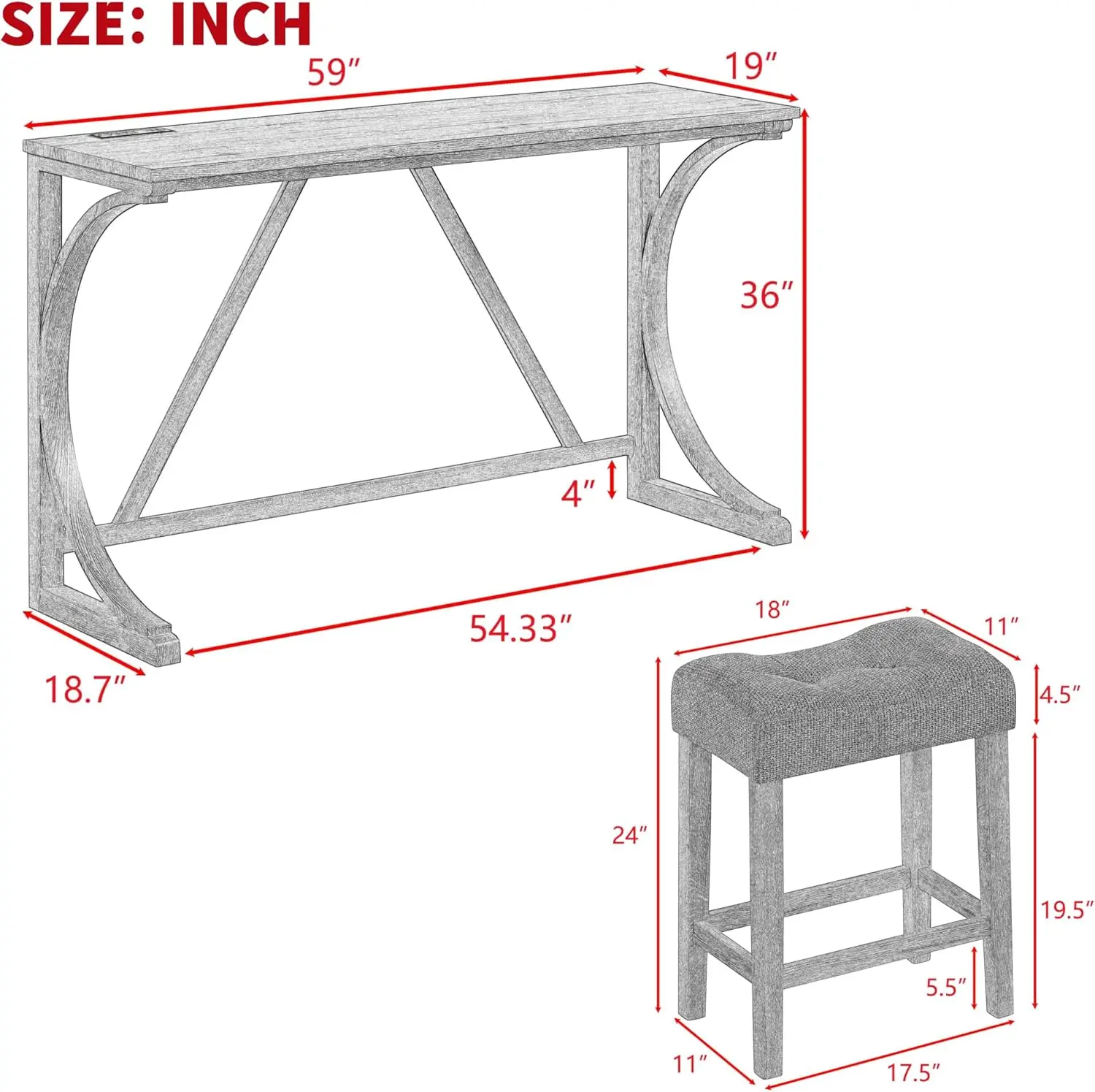 Farmhouse Counter Height Dining Set - Wood Table with Outlet & 3 Upholstered Stools, Black