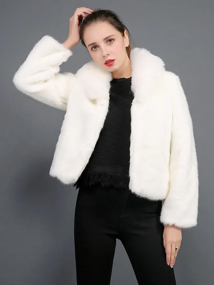 جديد أزياء المرأة تقليد معطف الفرو عارضة الراحة قصيرة تقليد الثعلب الفراء طوق تقليد ريكس الأرنب معطف الفرو