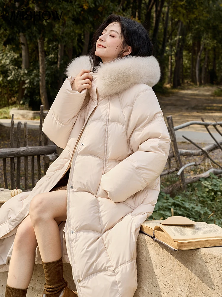 MISHOW Fox Fur Collar Down Coat Women 2024 Winter Minimalist Basic Thickened Warm Mid-Length White Duck Down Jacket MXD54Y0050