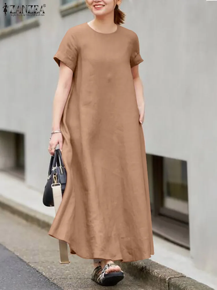 2023 ZANZEA Stylish Summer Dress Women O Neck Short Sleeve Solid Loose Sundress Elegant Kaftan A-line Party Vestidos Robe Femme