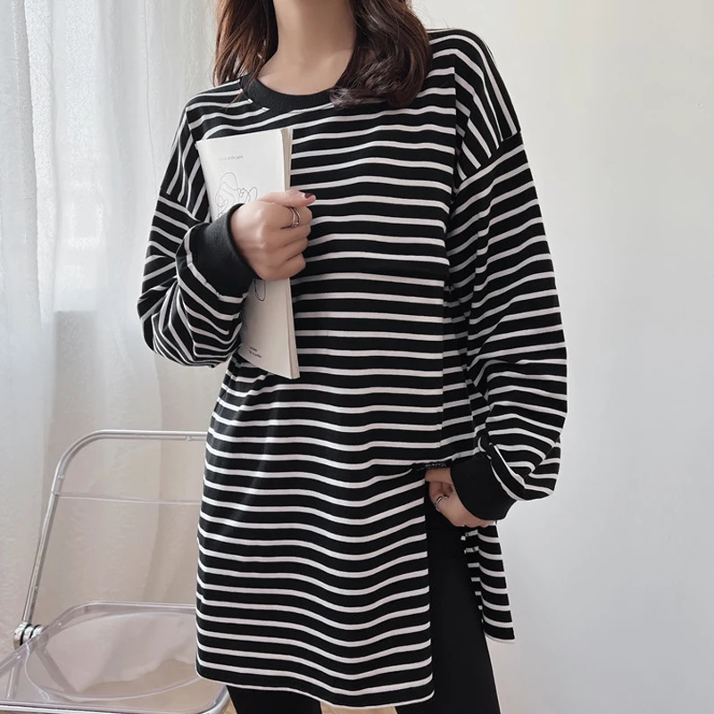 Maternity Clothes Nursing Sweatshirt Plus Size Long-sleeved Striped Pullover Loose Round Neck Breastfeeding Tshirts