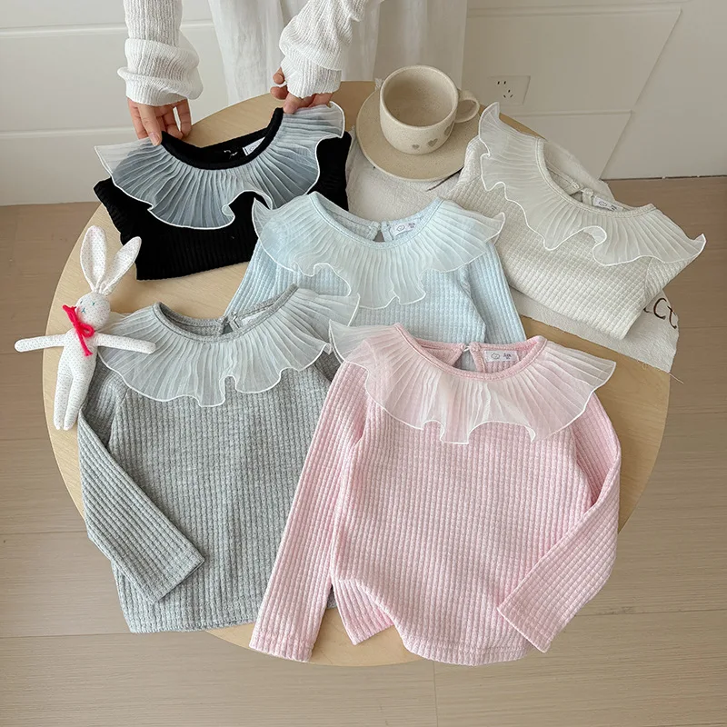 Kids Girls T Shirt Pleated Ruffle Neck Long Sleeve Top casual plain Ribbed Tshirt Toddler Princess Casual Basic tee Shirts