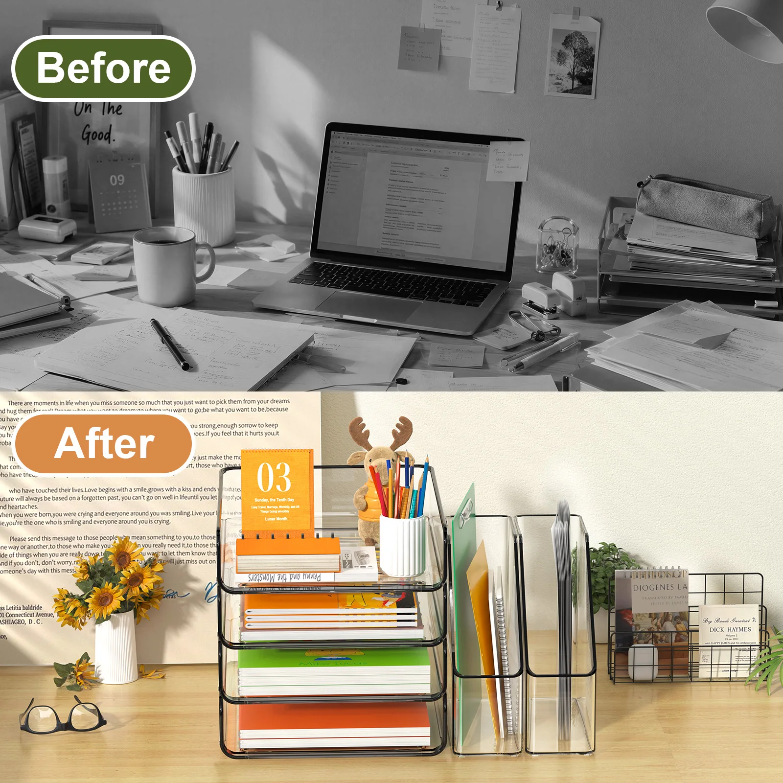 A four-layer paper storage rack with book stands,a stackable document storage shelf, suitable for use on office desks,in Office.