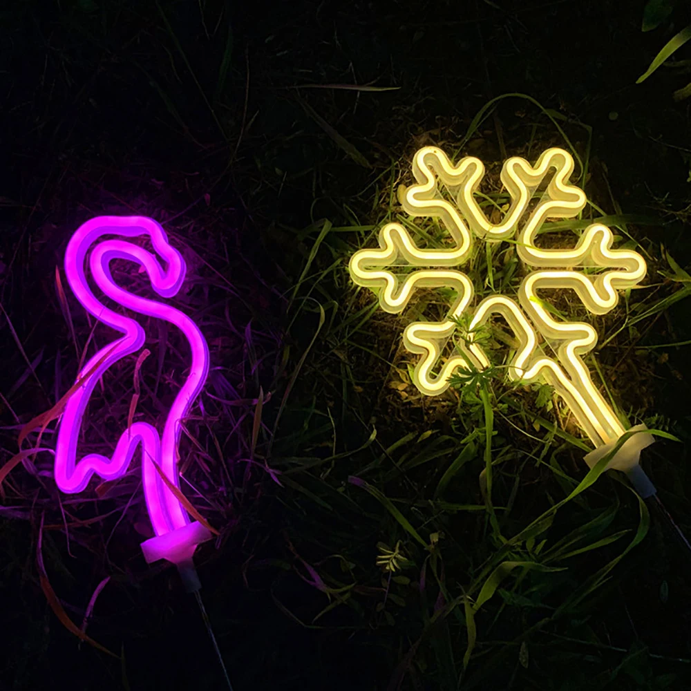 Solar Led Neon Light Outdoor Christmas Tree Coconut Tree Pineapple Snowflake Snowman Lightning Clouds Star Flamingo Light Lawn