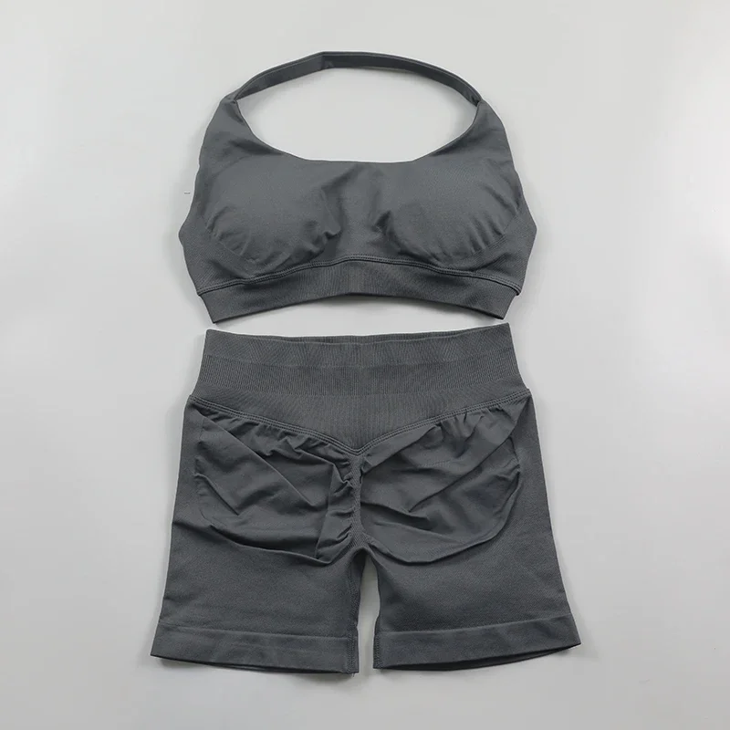 Ensemble short de yoga sans couture, soutien-gorge de sport à col licou, short de fitness froissé aux fesses, sport, ensemble camisole d'été pour femmes