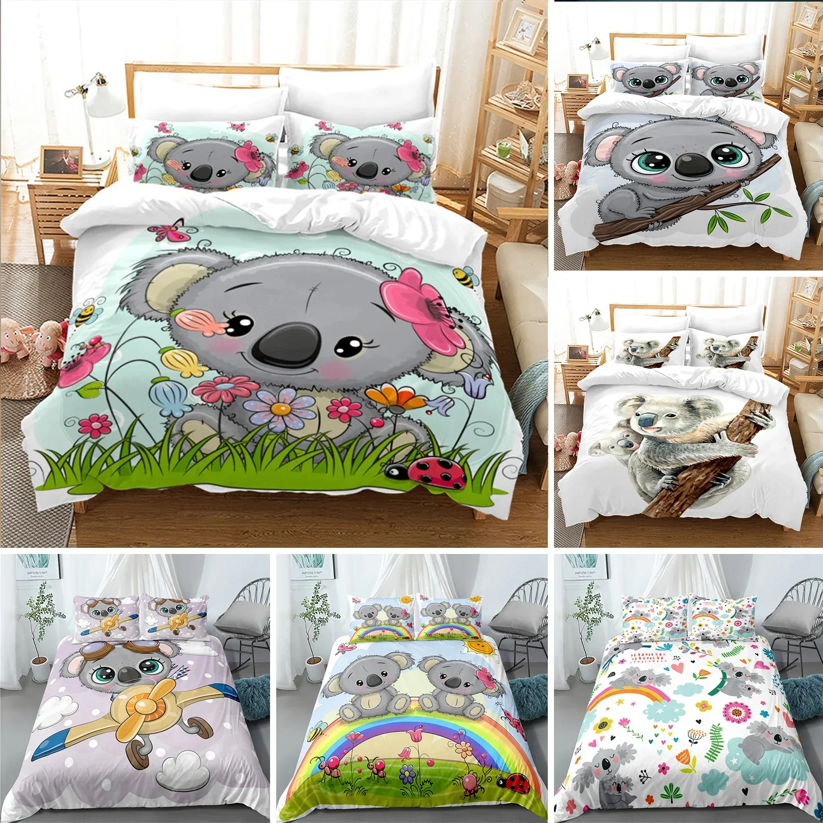 Cartoon Koala Duvet Cover Microfiber Cute Animal Bedding Set Leaves Flowers Comforter Cover For Boys Girls Children Room Decor