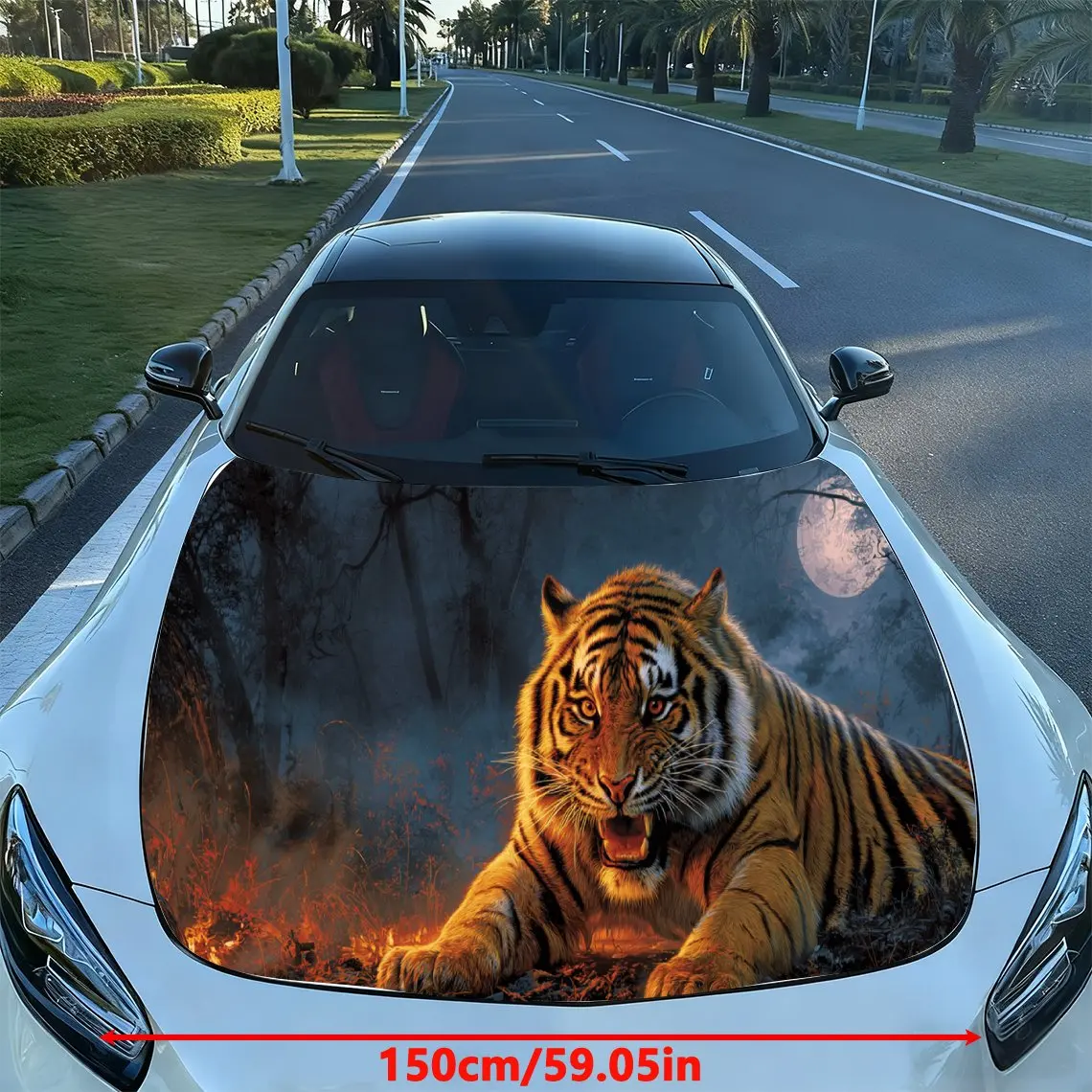 Flame Tiger Trend Dominance PVC Car Hood Wraps, Self-Adhesive Waterproof Car Bonnet Decal Sticker, Car Decoration Protection Sti