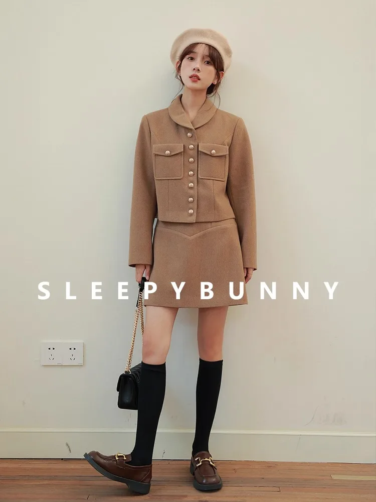 

Elegant Khaki Wool A-Line Skirt Women Winter High Waist Vintage Mini Skirt Sweet Look Bottoms Chic Warm Casual Skirt Daily Wear
