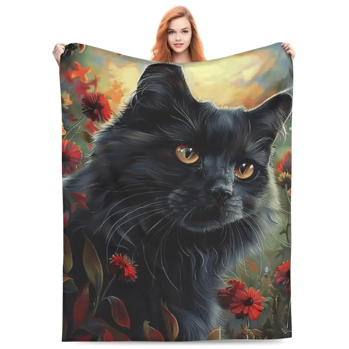 

The black cat among the flowers Soft flannel blanket bed sofa cover bed cover home decoration Christmas birthday gift