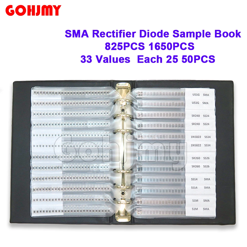 

33 значения, 825 шт., 1650 шт., набор книг для образцов выпрямительных диодов SMA 1N5824 1N4007 SF18 SS220 SS26 SS36 SS24