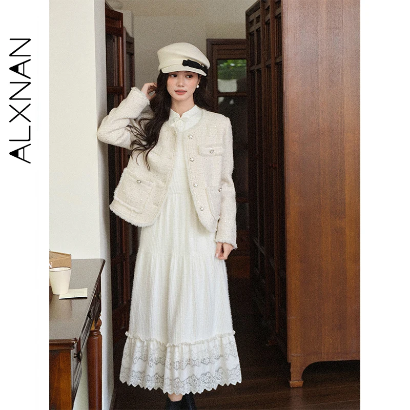 ALXNAN Lange Kleider, gestrickter Stoff, lange Ärmel, ausgehöhlte Spitze, Spleißen, weiche Eleganz, vielseitige Herbst-A-Linien-Kleider L57927