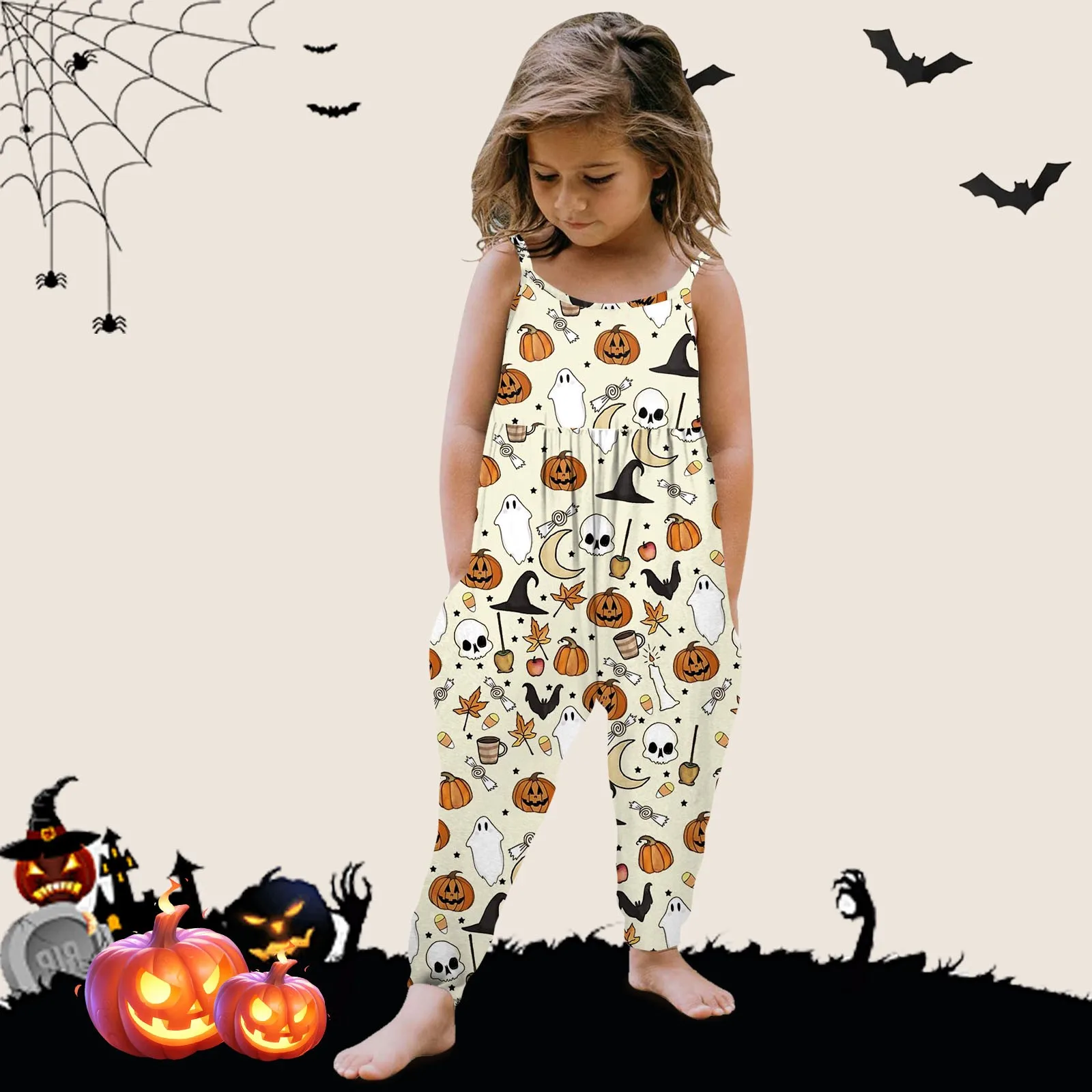 Mono con estampado de Halloween para niña pequeña, pelele sin mangas, pantalones, ropa de verano, Pelele de flores