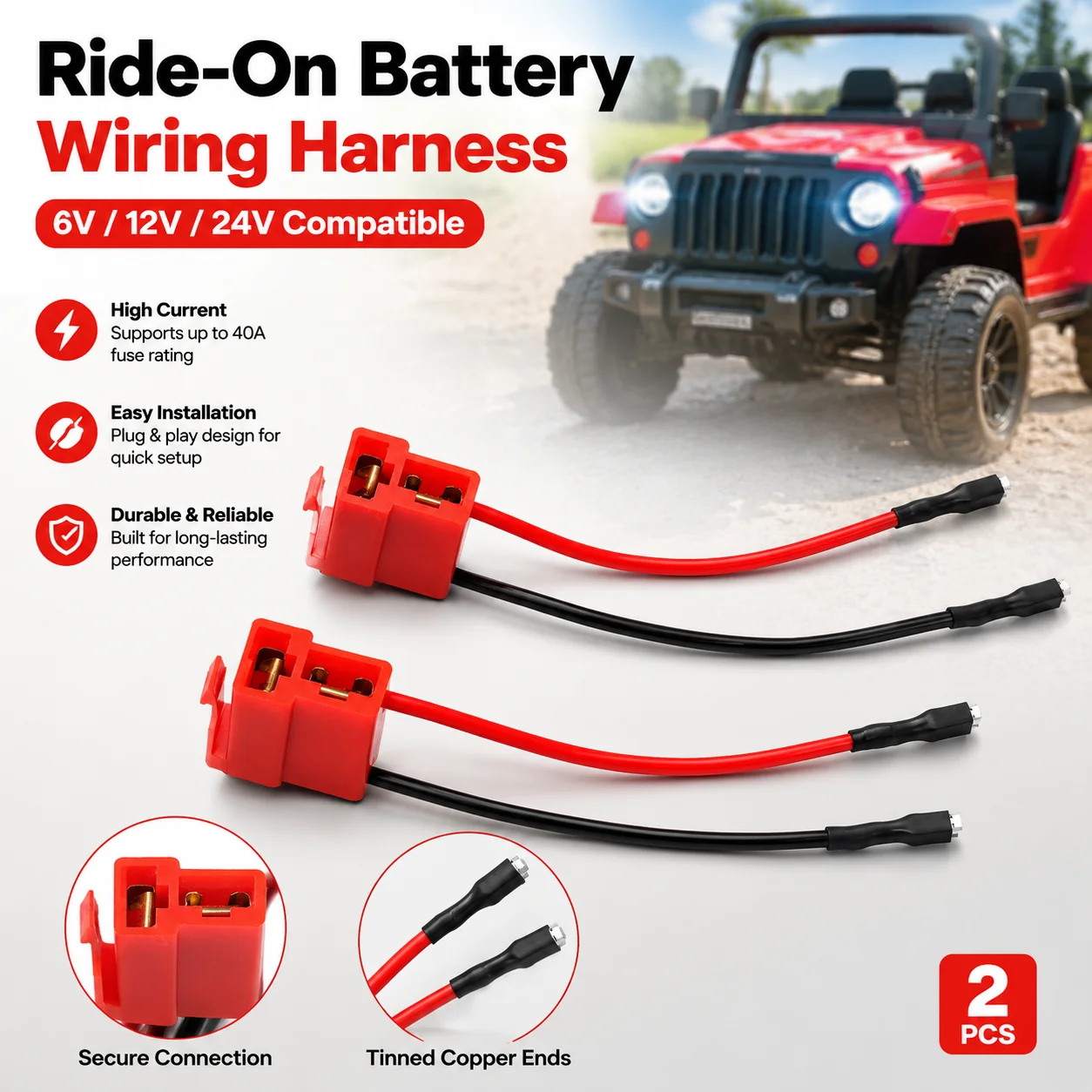 6V 12V 24V Wiring Harness for Ride-On Toy Car, 40A Fuse Ready, Red Black, Easy Install, Replacement Battery Connector