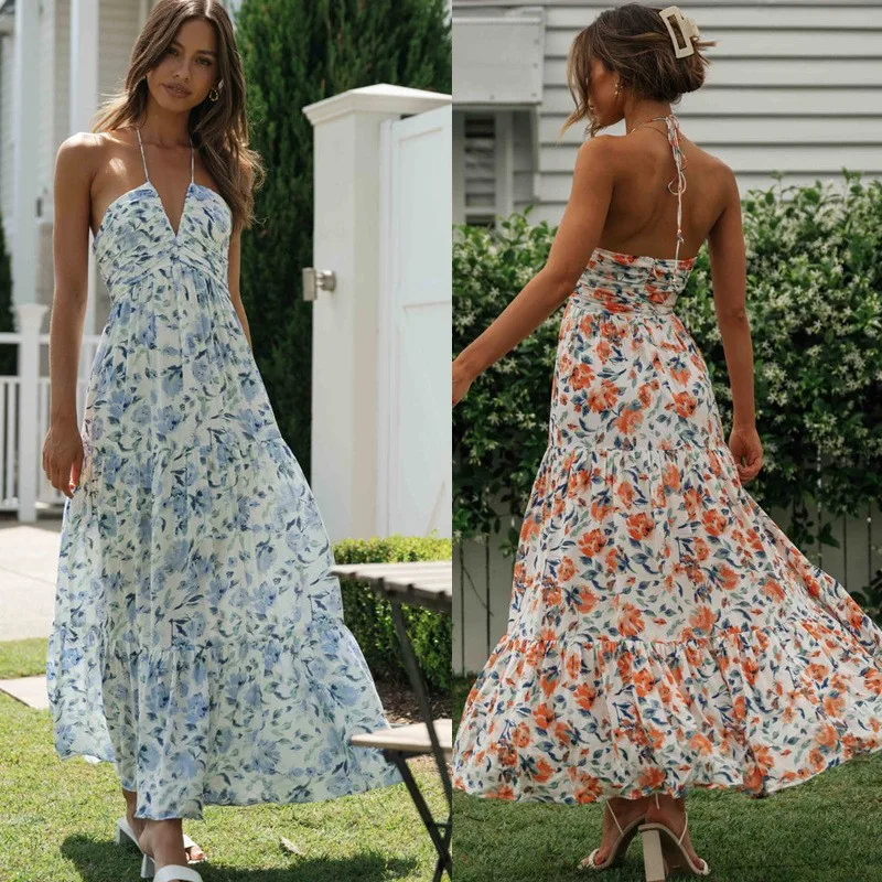 Vestido longo com estampa de flores para as mulheres, vestido sexy com pescoço halter, sem encosto, moda, praia, férias, na moda, beachwear