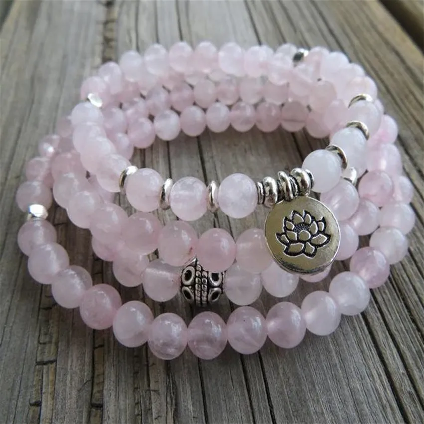 

6mm Rose Quartz Gemstone Mala Bracelet 108 Beads Lotus Pendant Trendy Japa Wear Prayer Unisex Chain Artisan Men