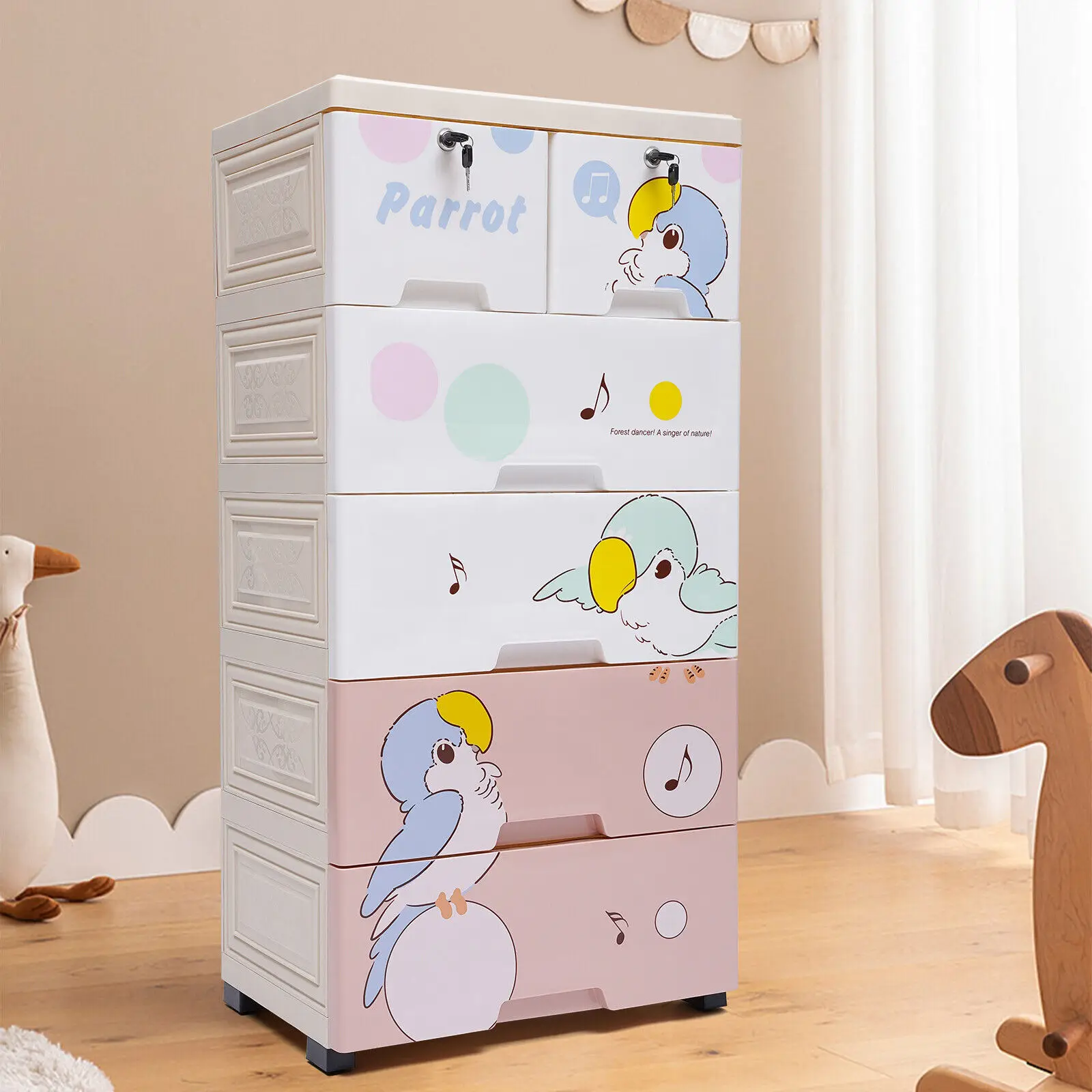 

5-Storey Cute Parrot Pattern Stacked Wardrobe With Rollers Multifunctional Storage Box Large Capacity PP Collection Locker