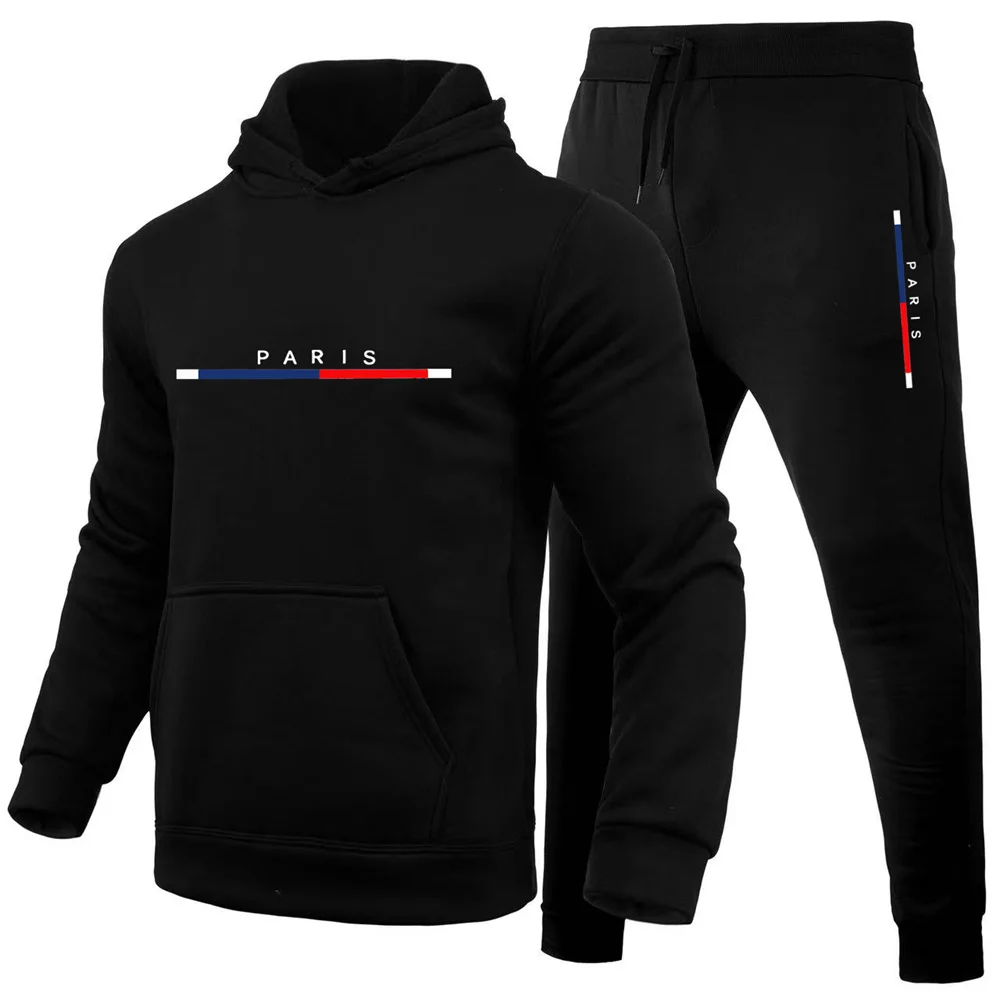 Paris Print, Men\'s 2Pcs Outfits, Casual Hoodies Long Sleeve Pullover Hooded Sweatshirt And Sweatpants Joggers Set For Spring Fal